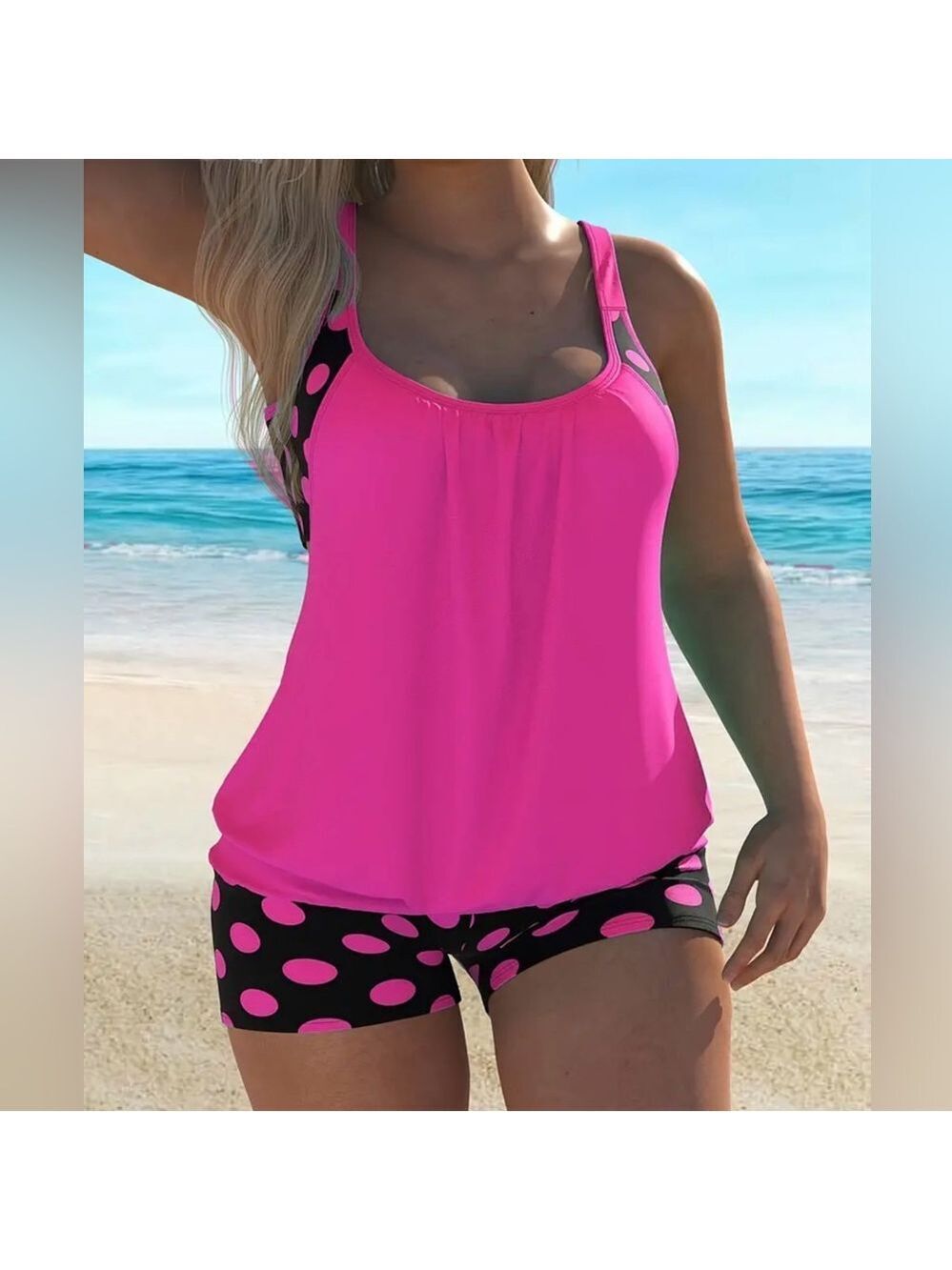 Pink Polka Dot Ruched Hollow Out Tankini